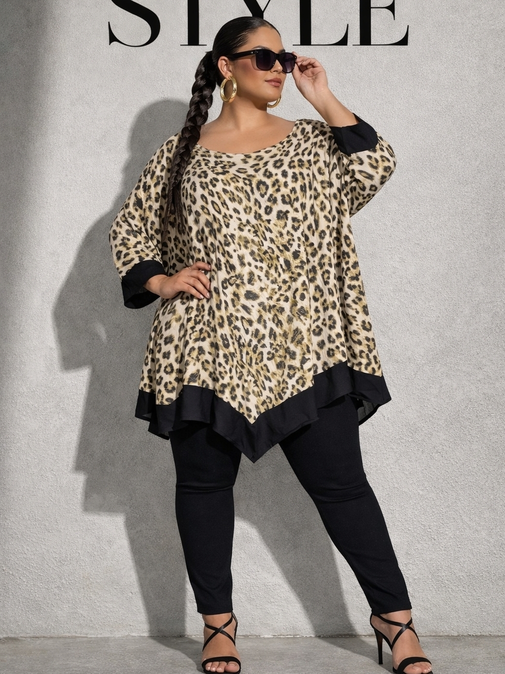 Plus Size Leopard-Print Tunic Top with Black Trim